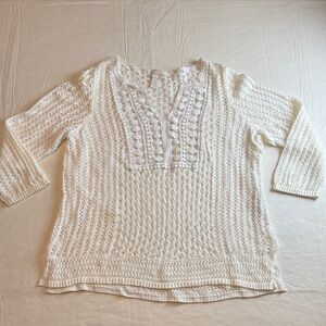Chico's White V-Neck Crochet Open Knit Tunic Sweater 3/4 Sleeve Size 2